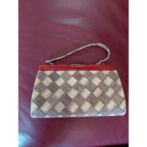 Vintage Snakeskin & Silk Cocoon Patchwork Handbag with Red Frame